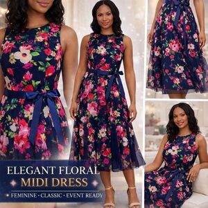 Jessica Howard Navy Multi Floral Ribbon Waist Midi Dress 4P NWT Romantic Petite